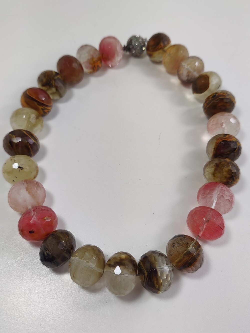 Tiger Cherry Quartz Faceted Statement Necklace Magnetic Rhinestone Clasp Pink